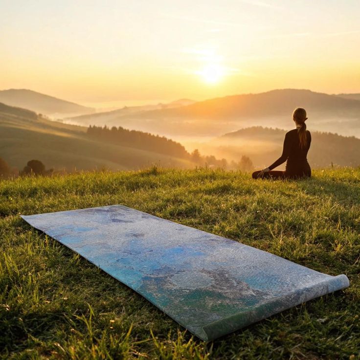 “Woman meditating on a yoga mat at sunrise in nature, symbolizing spiritual and physical balance”