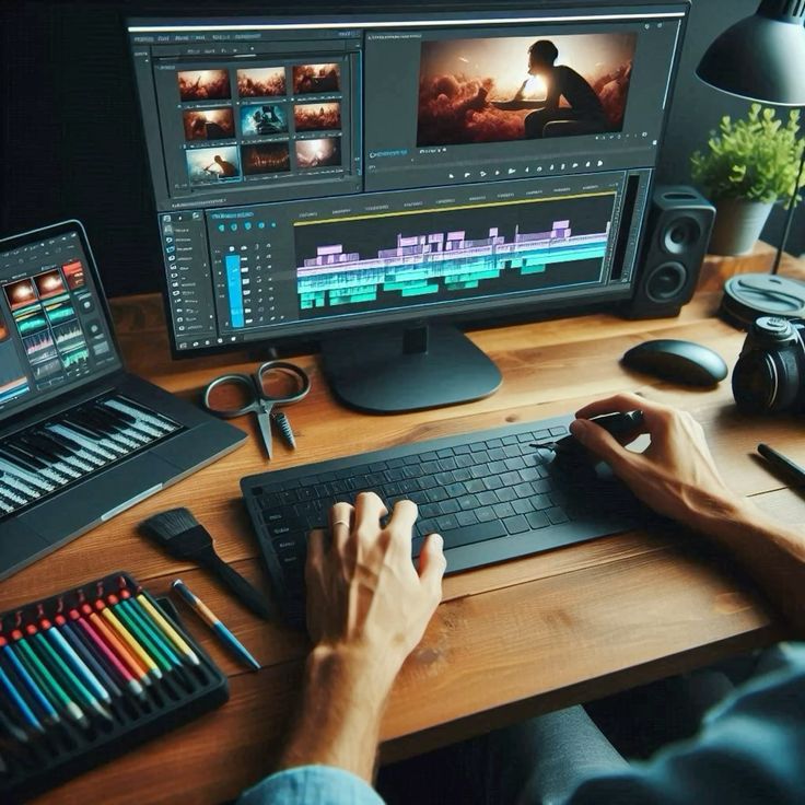 A person at a wooden desk using professional video‑editing software on a desktop monitor and laptop, with audio waveforms and video clip thumbnails visible.